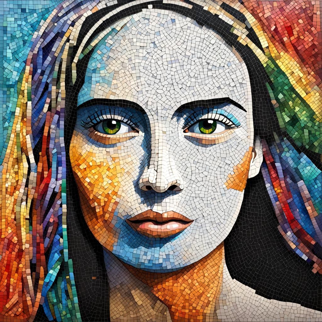 Mosaic Woman Portrait in Bright Crayon Colors