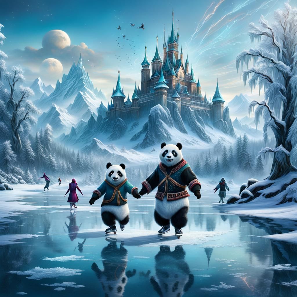 Panda and Human Skaters on Frozen Lake
