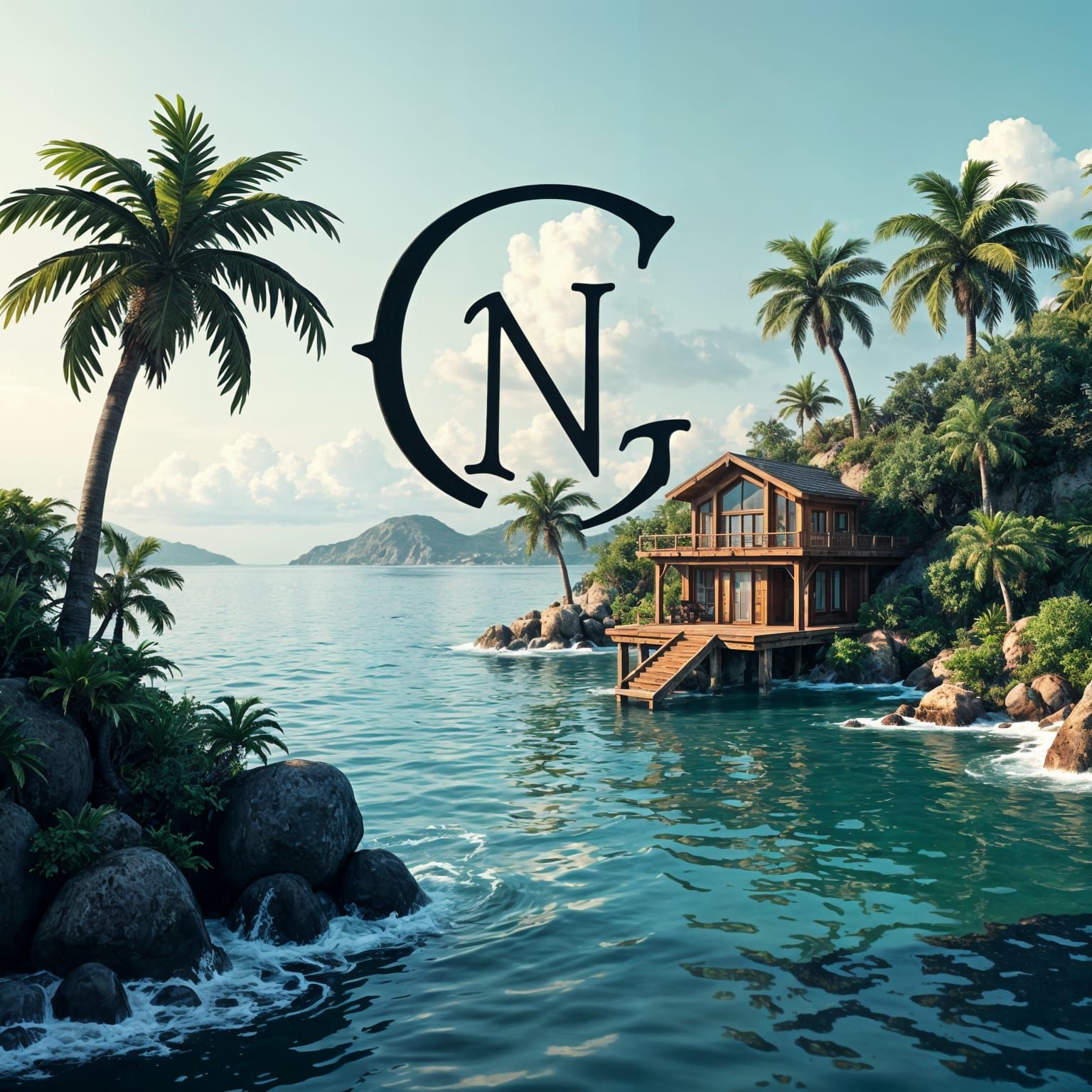Elegant CN Logo with Sea, Nature, and Wood House