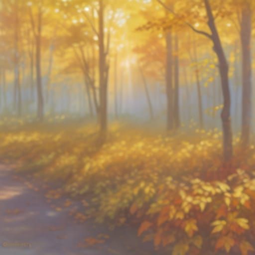 Golden Sunlit Autumn Leaves in Watercolor Style