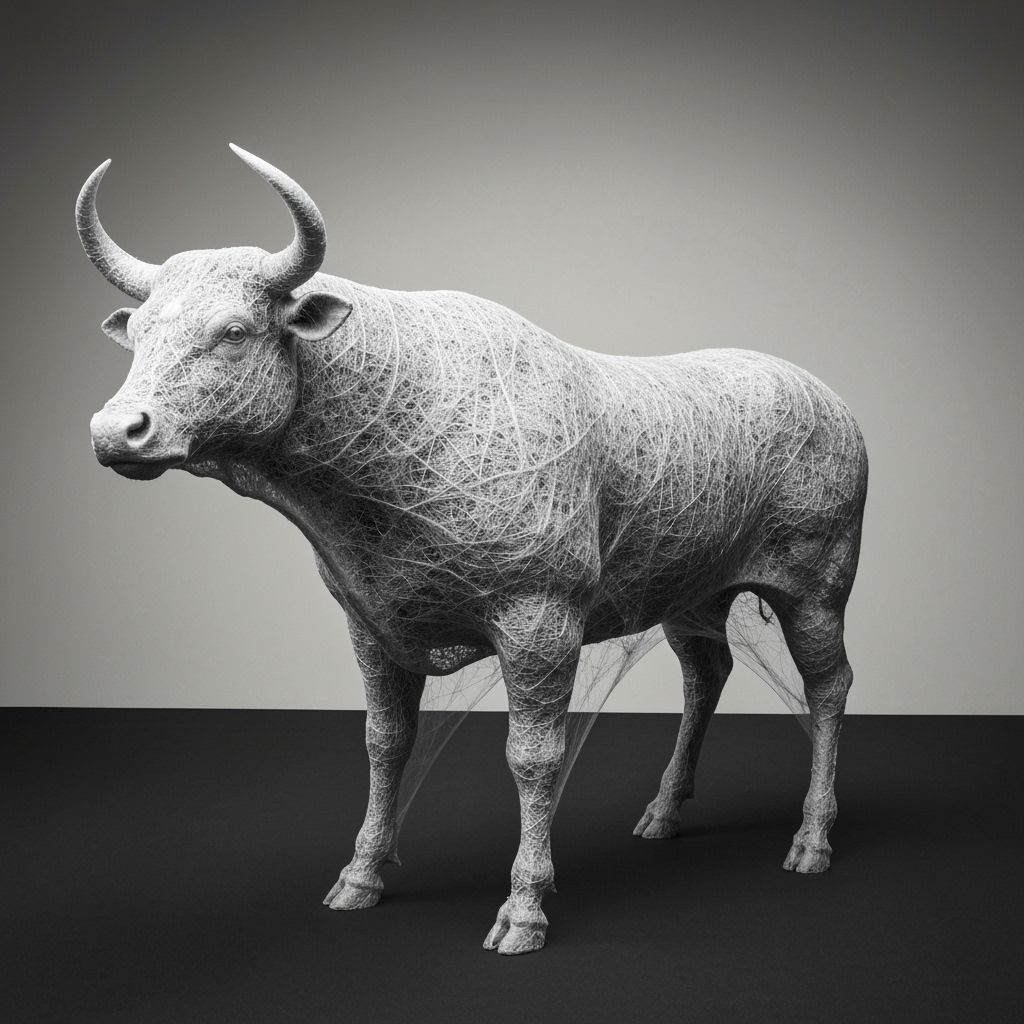 Bull Sculpture Crafted from Intricate Spiderwebs