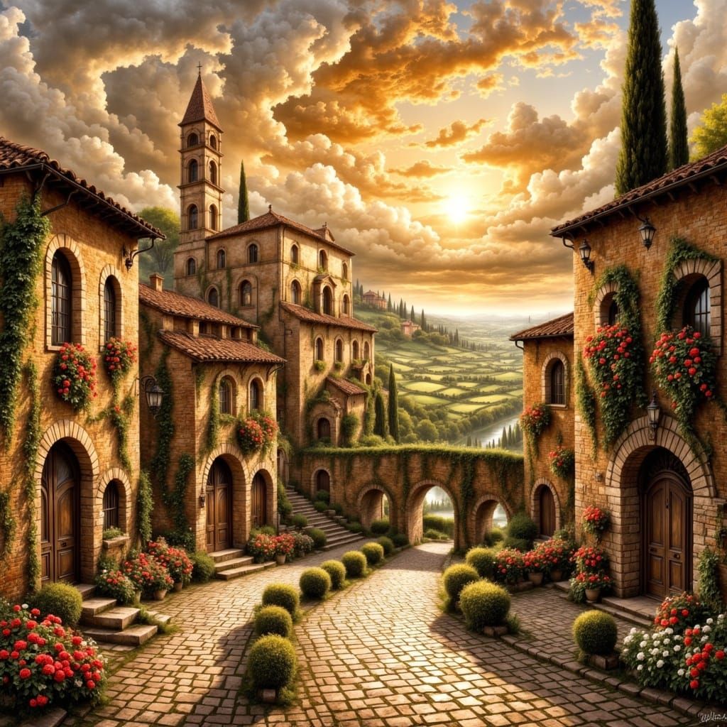 Tuscan Old Town Scene with Medieval Monastery