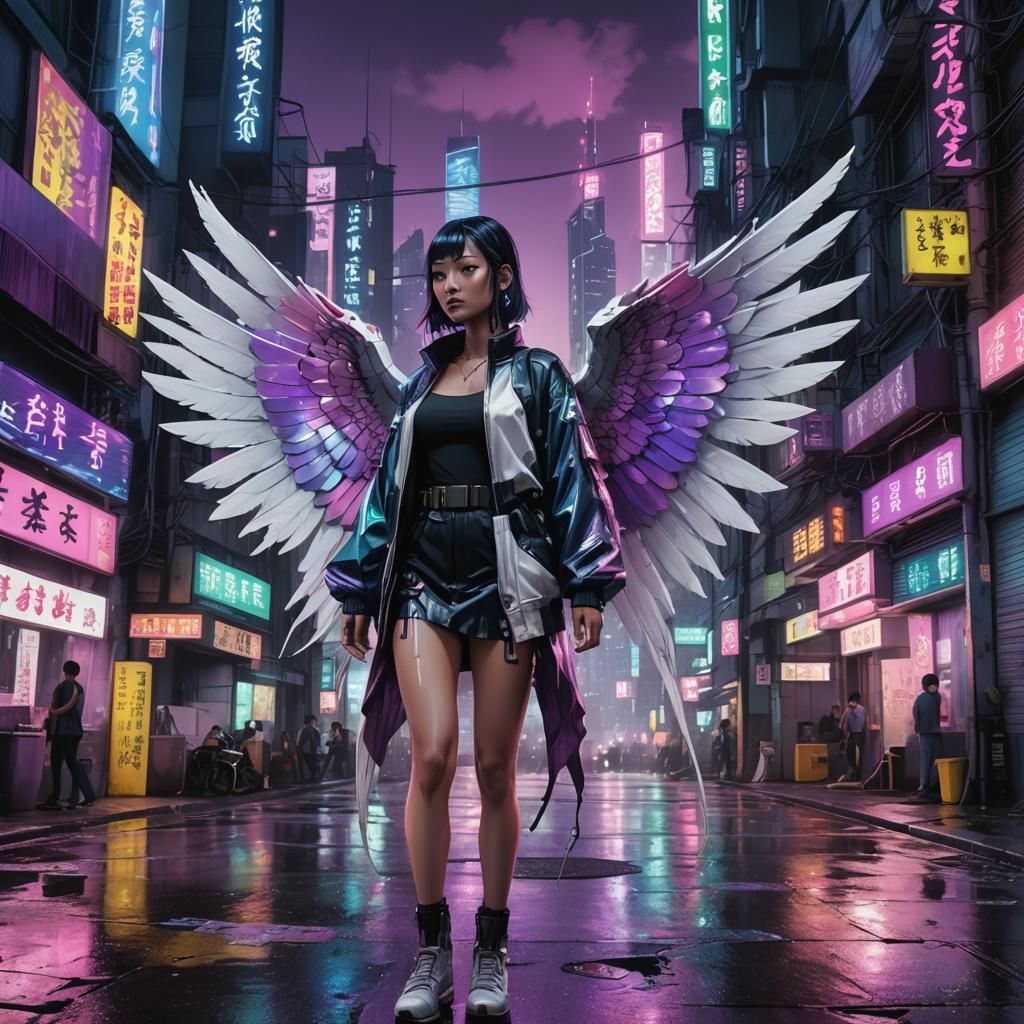 Cyberpunk Angel Descends on Dystopian Metropolis