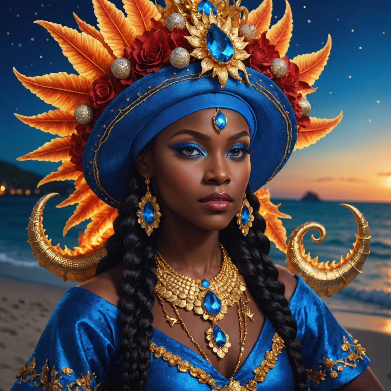 Haitian Beauty with Dragon in Hyperrealistic Blue Portrait