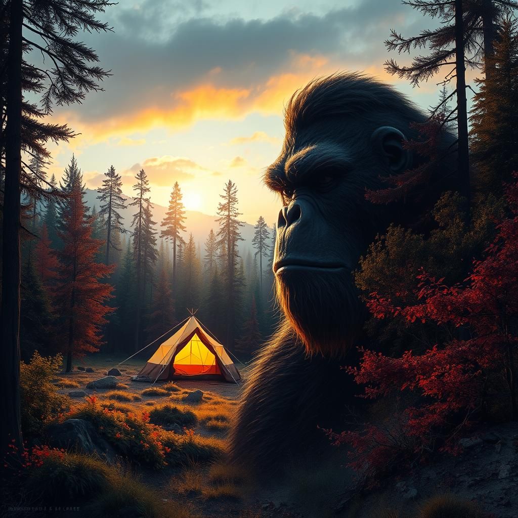 Bigfoot Emerges from Forest: Hyperrealistic Double Exposure