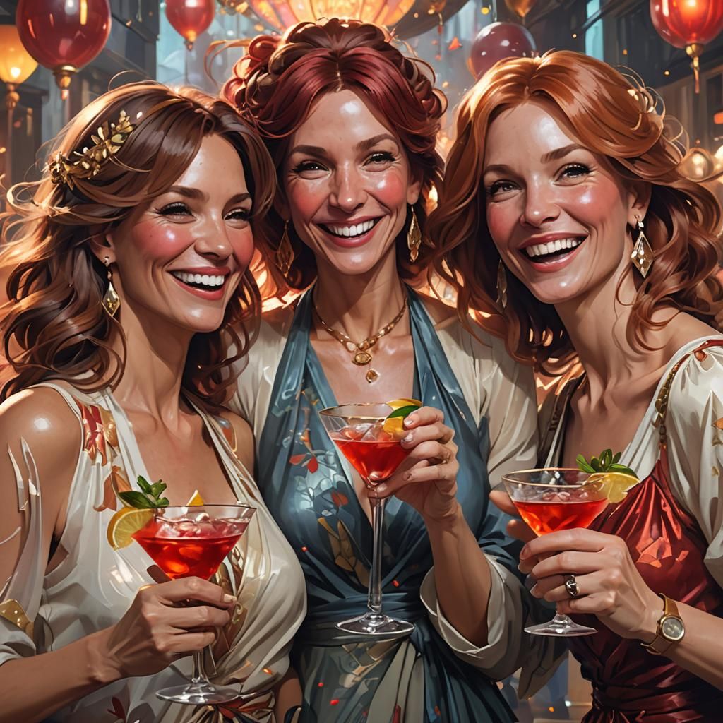 Three Women Sipping Cocktails: Hyperdetailed Portrait