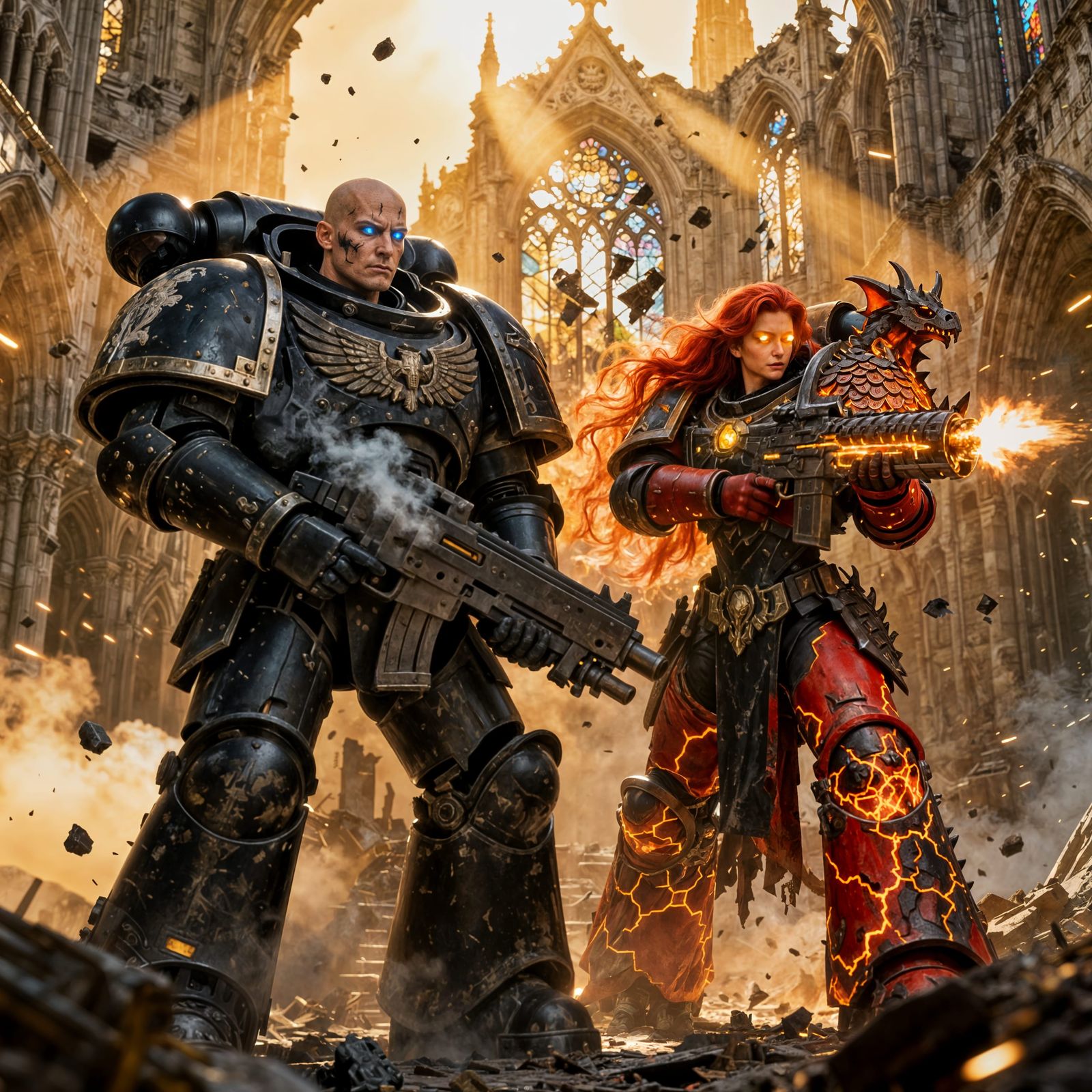 Warhammer 40K Warriors in Gothic Cathedral Ruins