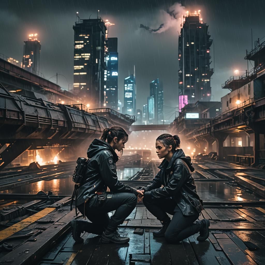 Cyberpunk Female on Broken Bridge in Rainy City
