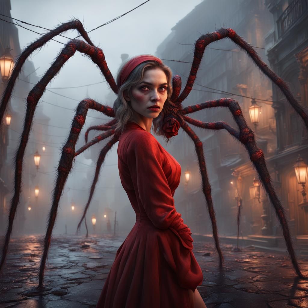 Spider Woman in Foggy Town: Detailed Matte Painting