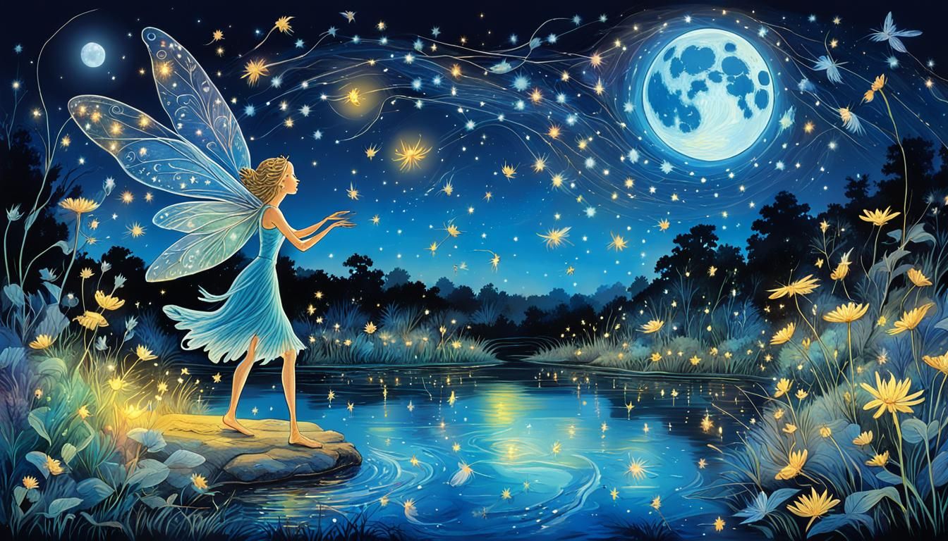 Dancing Fairy in Moonlight with Fireflies, Astral Illustrati...