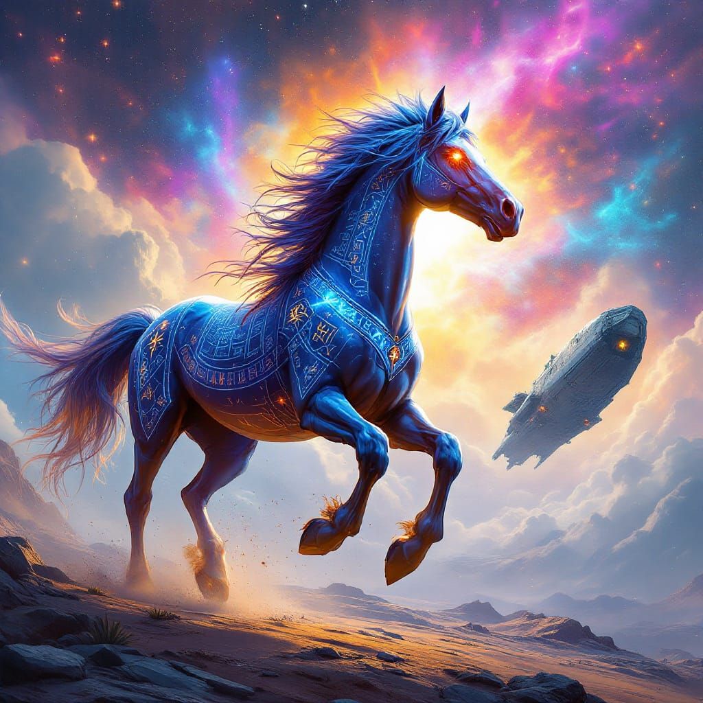 Majestic Warhorse Galloping Through Nebula Sky in Fantasy Ar...