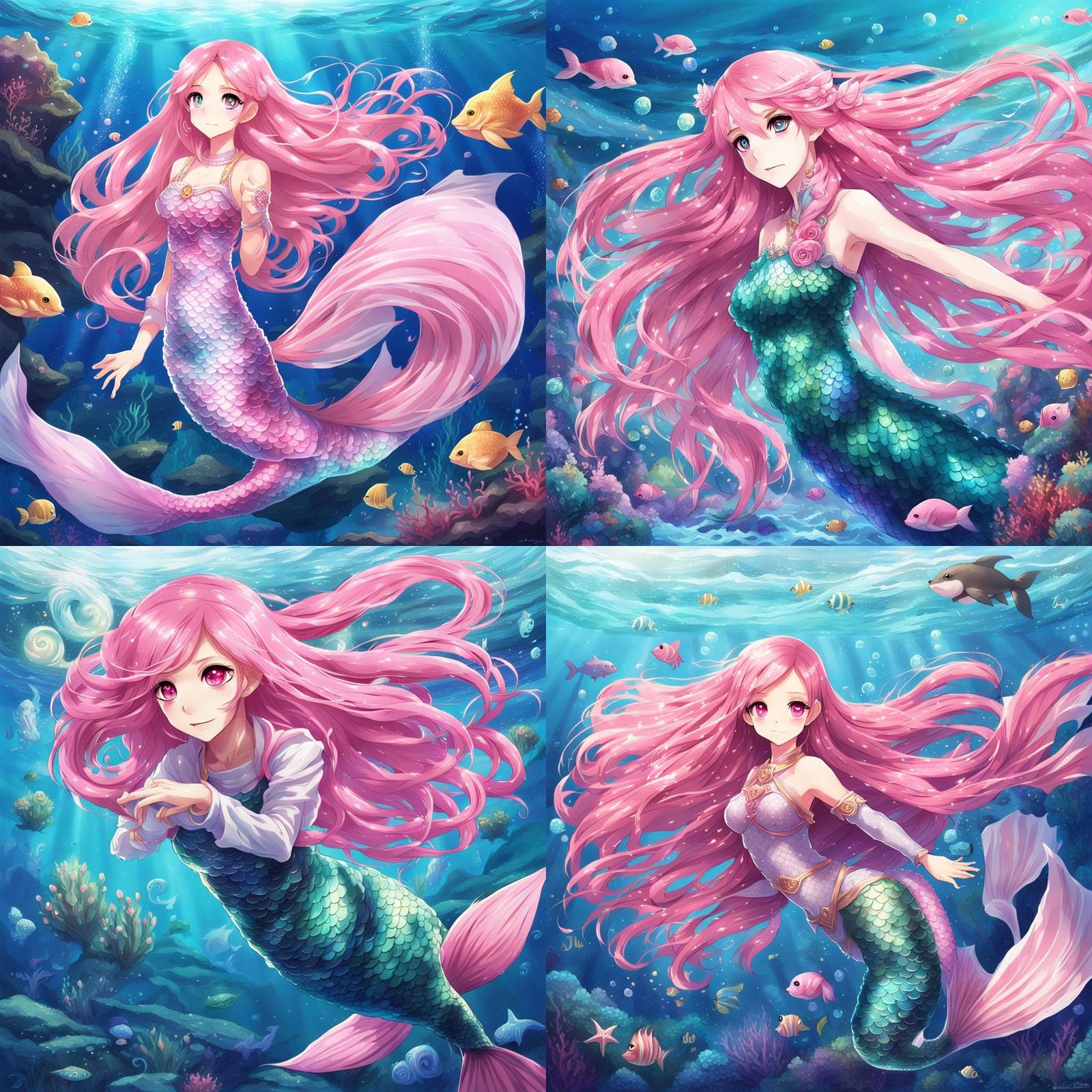 Anime Mermaid with Pink Hair Under the Sea