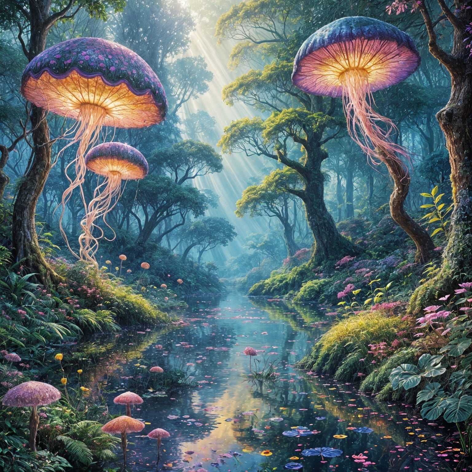 Surreal Pointillism Painting of Alien Rainforest with Jellyf...