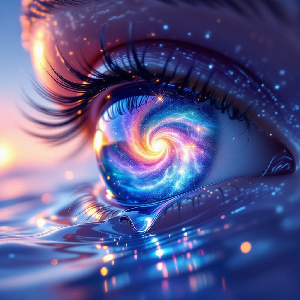 Celestial Goddess Tear Reflecting Iridescent Nebula