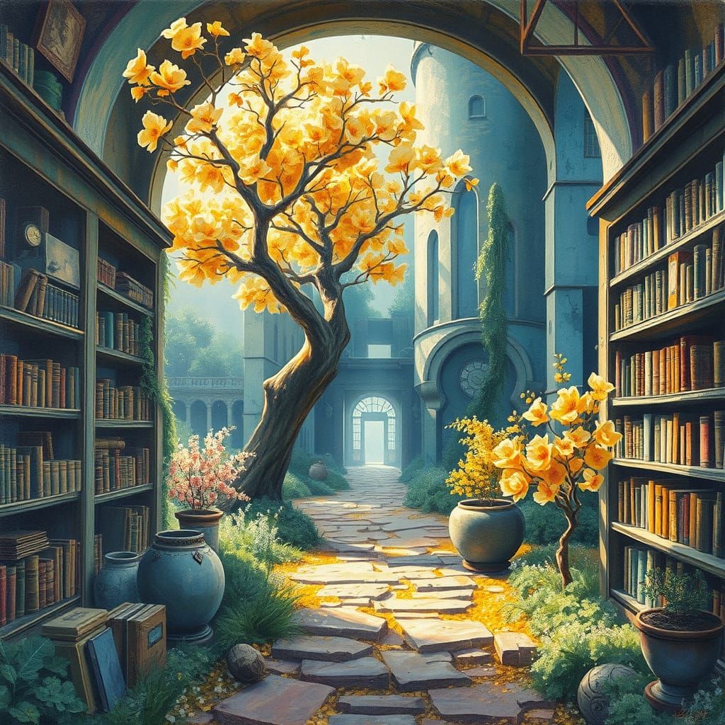 Ethereal Gouache Masterpiece in a Forgotten Library