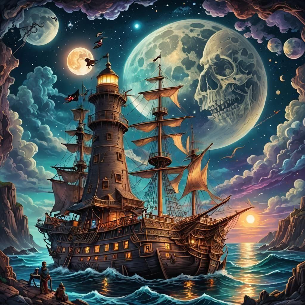 Pirate Ship and Lighthouse at Night: Cosmic Illustration