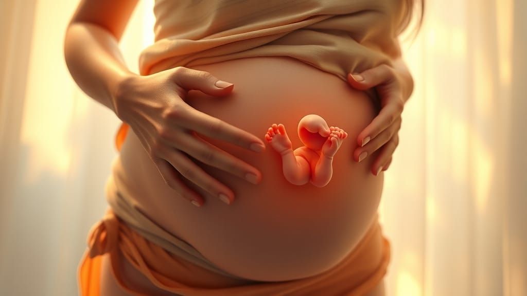 Mother's Serene Bond with Growing Fetus in Golden Light