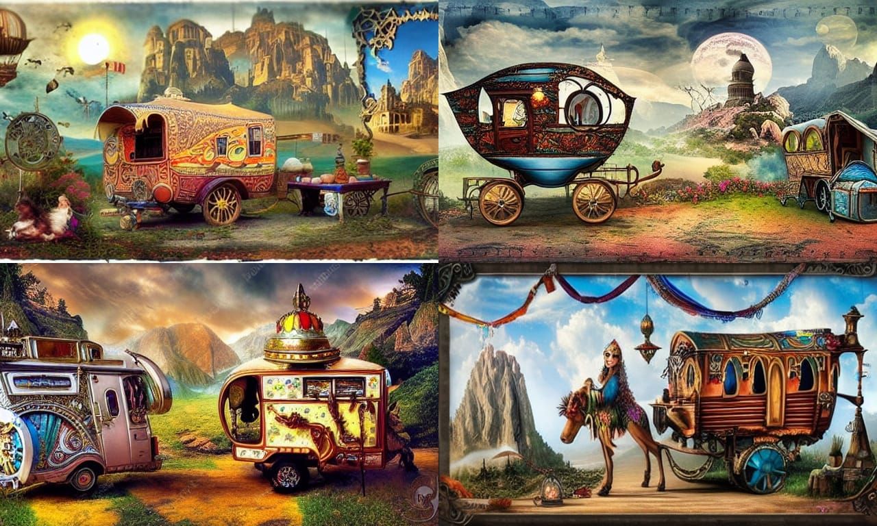 Whimsical Steampunk Caravan Adventures in Fantasy Landscape