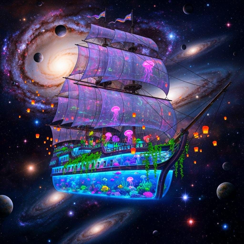 Glass Galleon Sailing Through Bioluminescent Galaxy