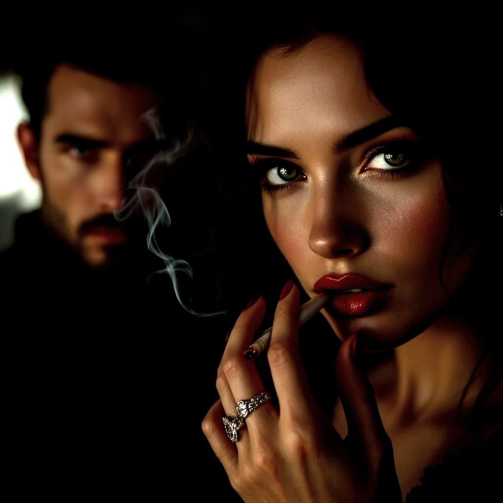 Sultry Woman Exudes Mystery with Smoking Glamour
