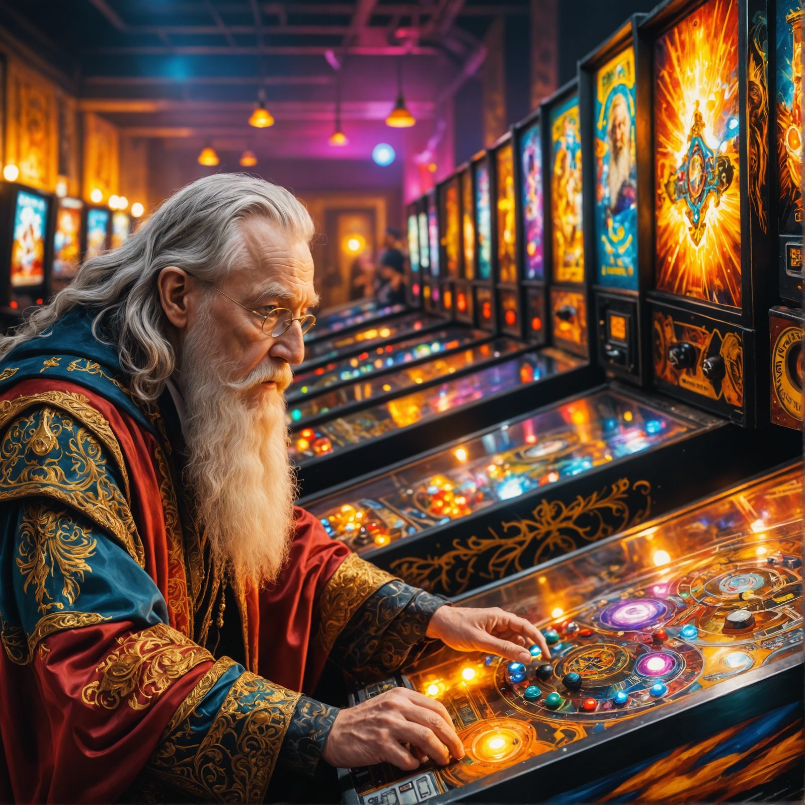 Wizard Immersed in Pinball, Oil Painting Style