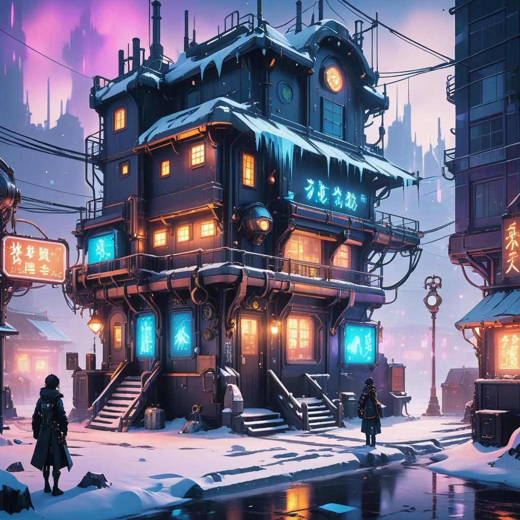 Steampunk Oasis on Frozen Tundra in Neon Glow