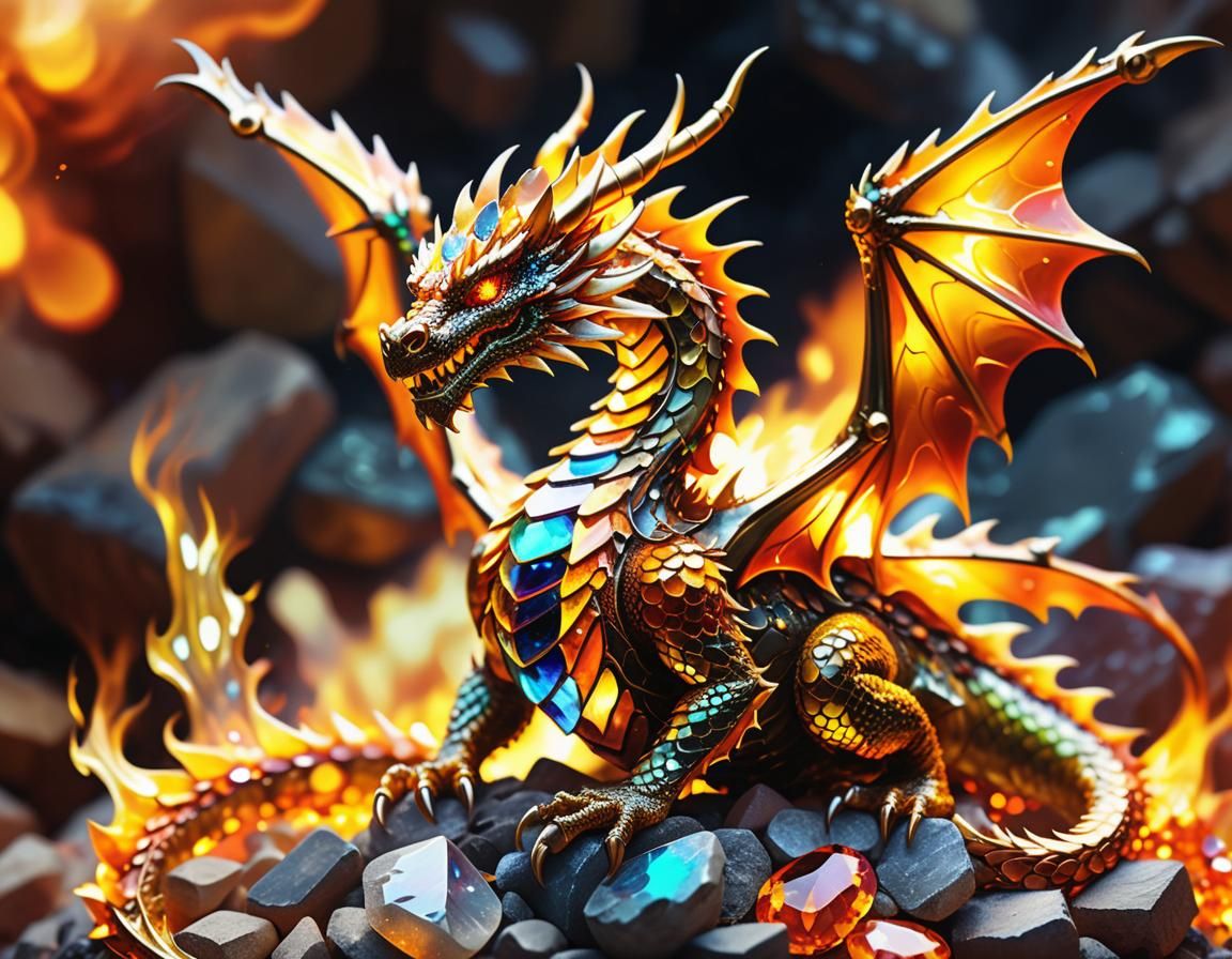 Gemstone Dragon in Forge Fire: Digital Art