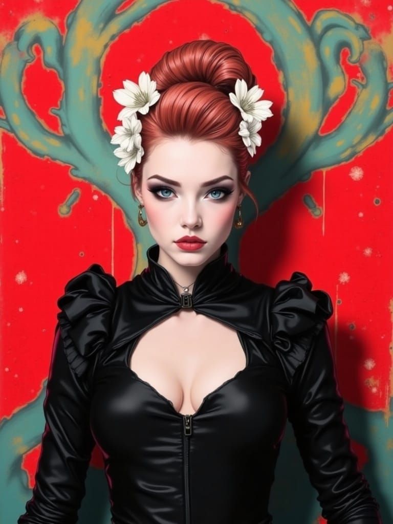 Elegant Woman Stands Before Grand Opera House Mural in Baroq...