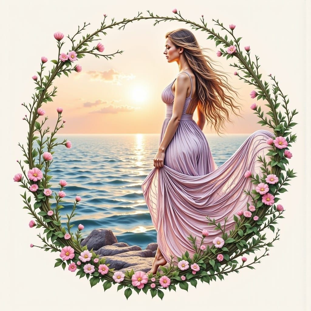 Ethereal Woman by Ocean with Ivy in Digital Art Style