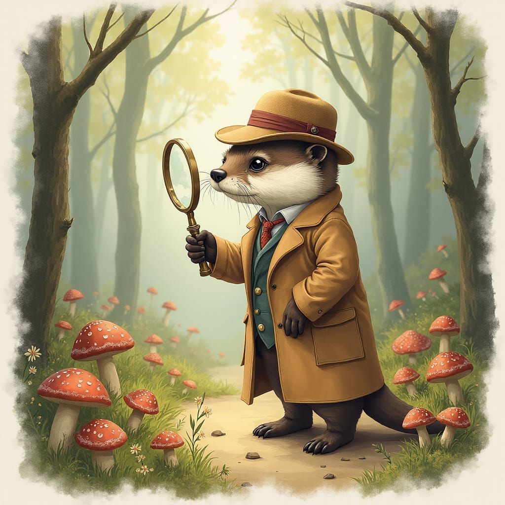 Otter Detective Investigates a Miniature Forest, Watercolor ...