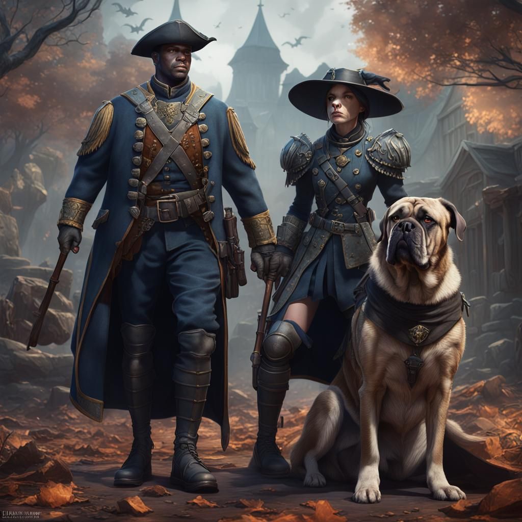 Goth Witch Colonial Soldier with Mastiff Companion