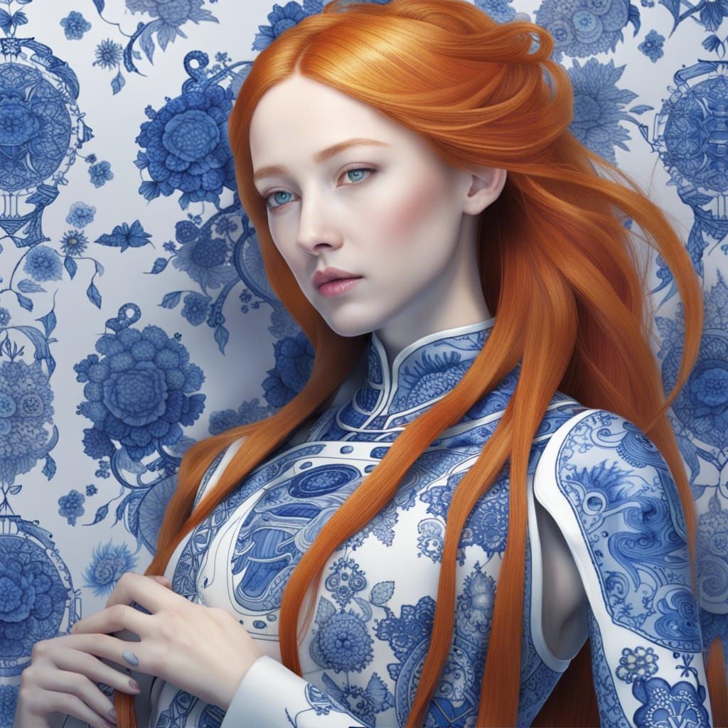 Cyborg Woman with Blue Willow Ceramic Skin