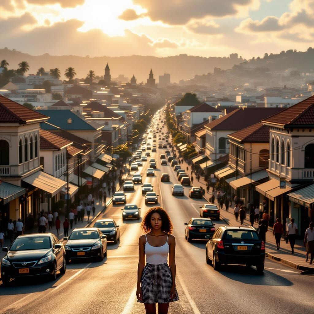 Freetown City Streets: Woman Lost in Thought at Golden Hour
