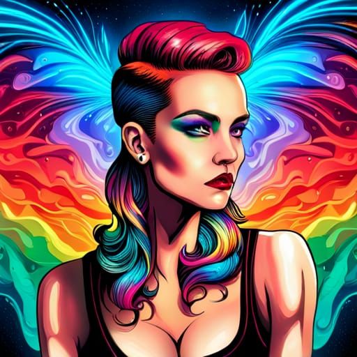 Punk Woman with Rainbow Goldfish in Synthwave Art