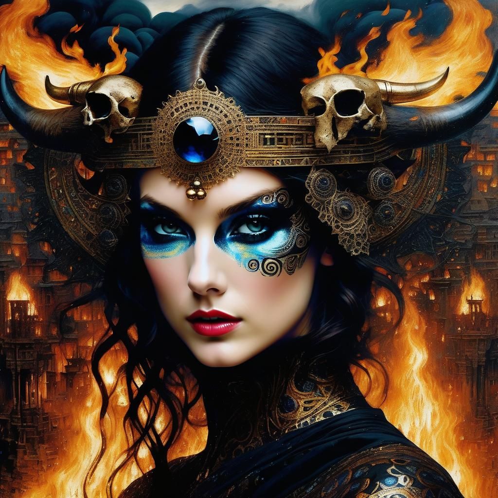 Wrathful Goddess Destroys World: Klimt and Waterhouse Style