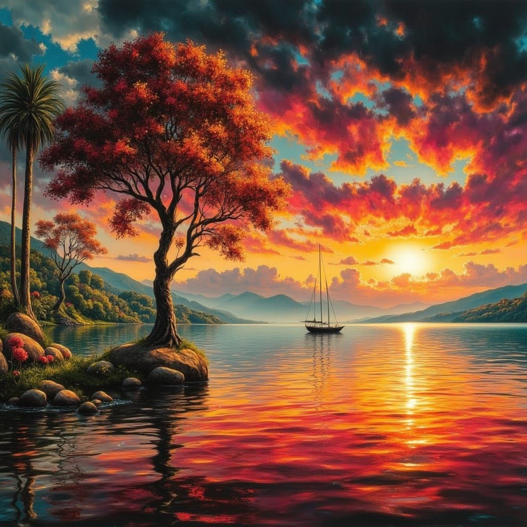 Sunset Over Lake Varese in Cubist Surrealism