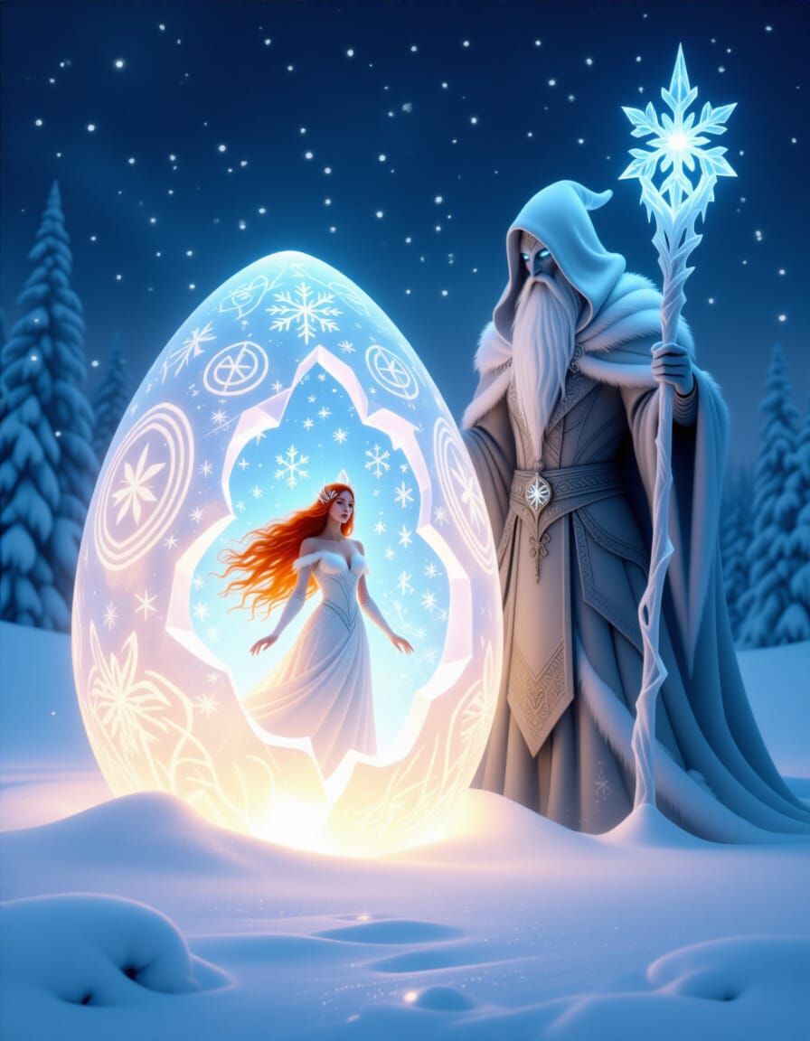 Mythical Winter Maiden Emerges from Glowing Ice Egg