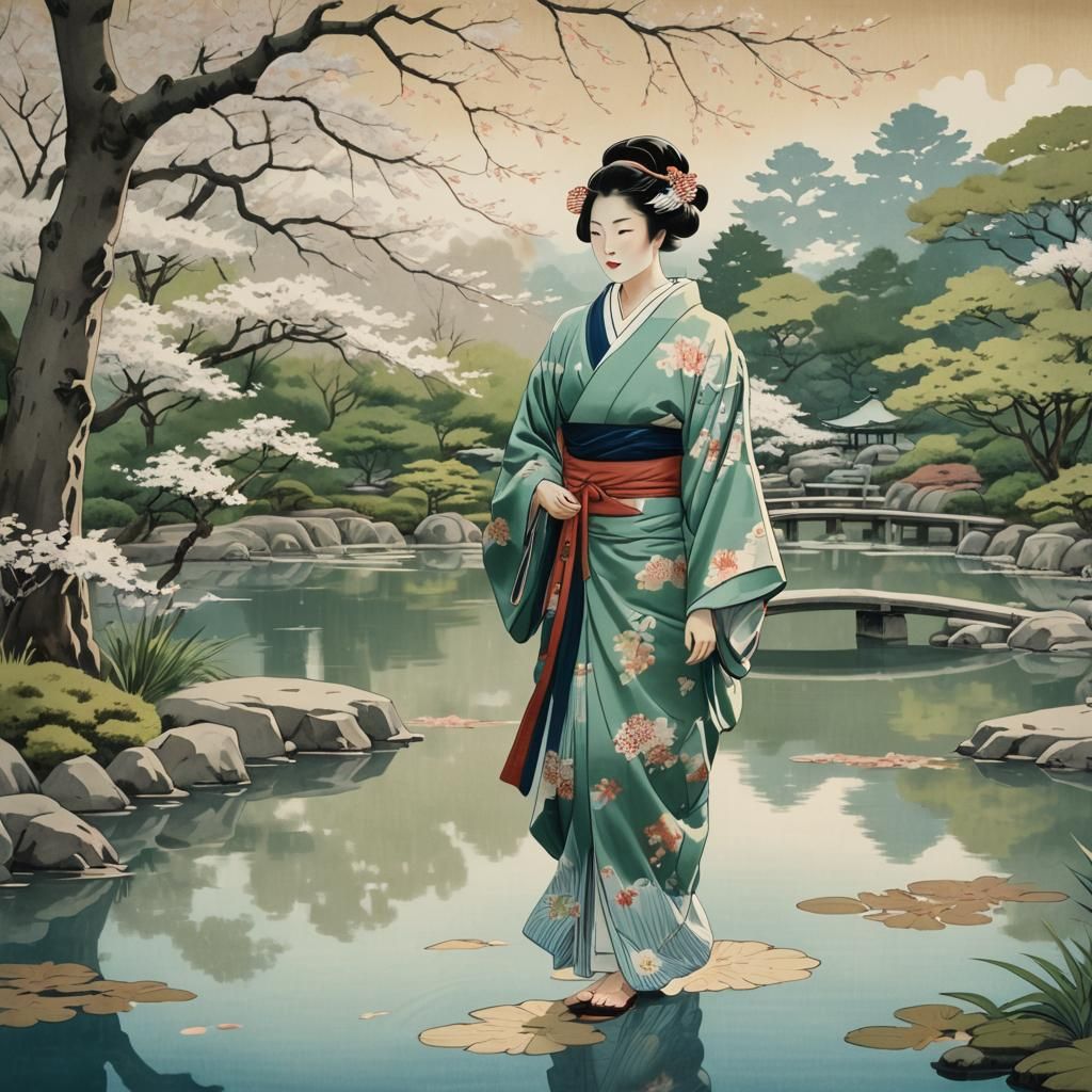 Serene Woman in Garden, Ukiyo-e Style