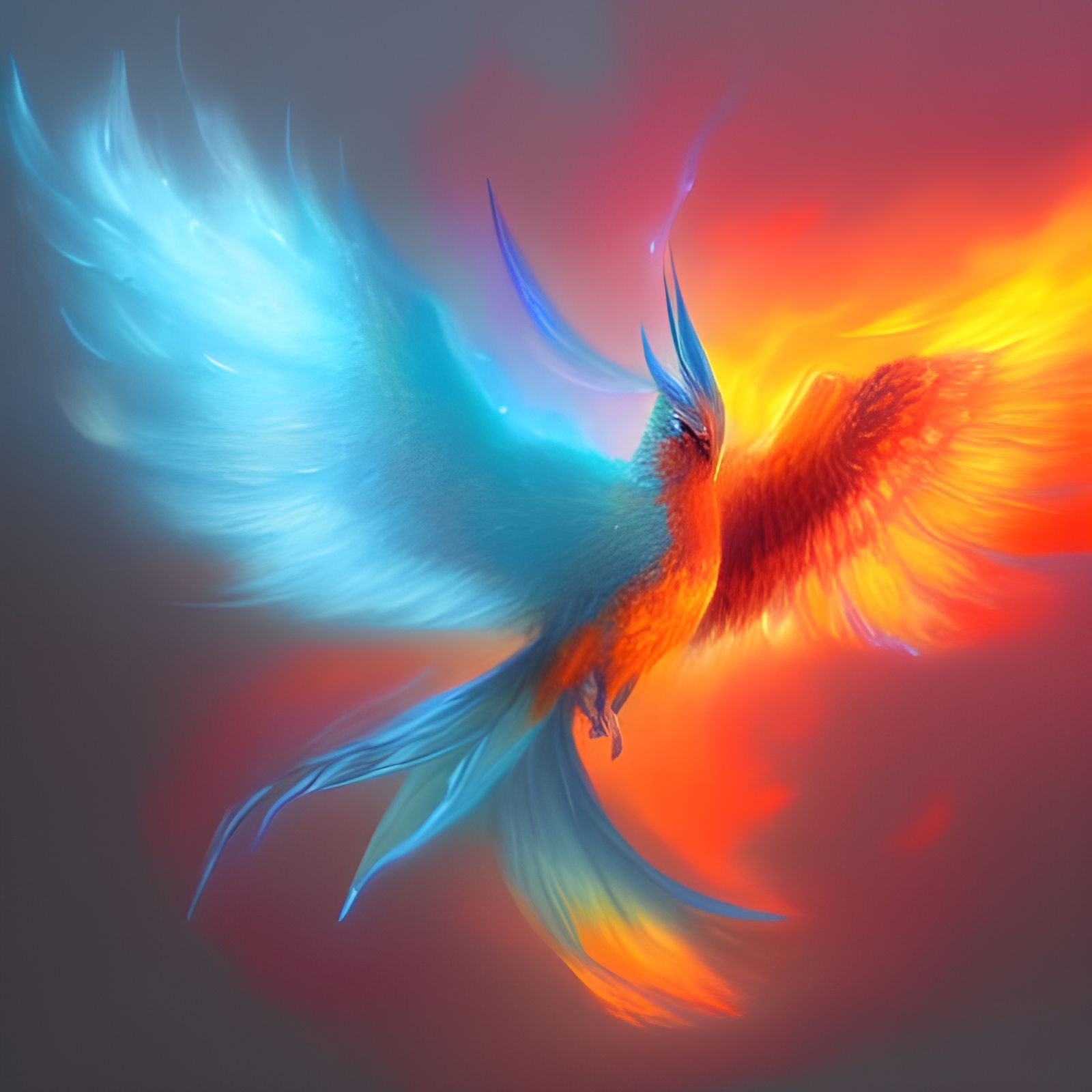 Fiery Phoenix Bird in Orange and Teal