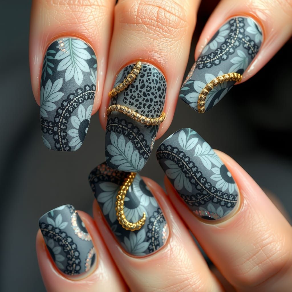 Intricate Nail Art with Animals and Gold Accents