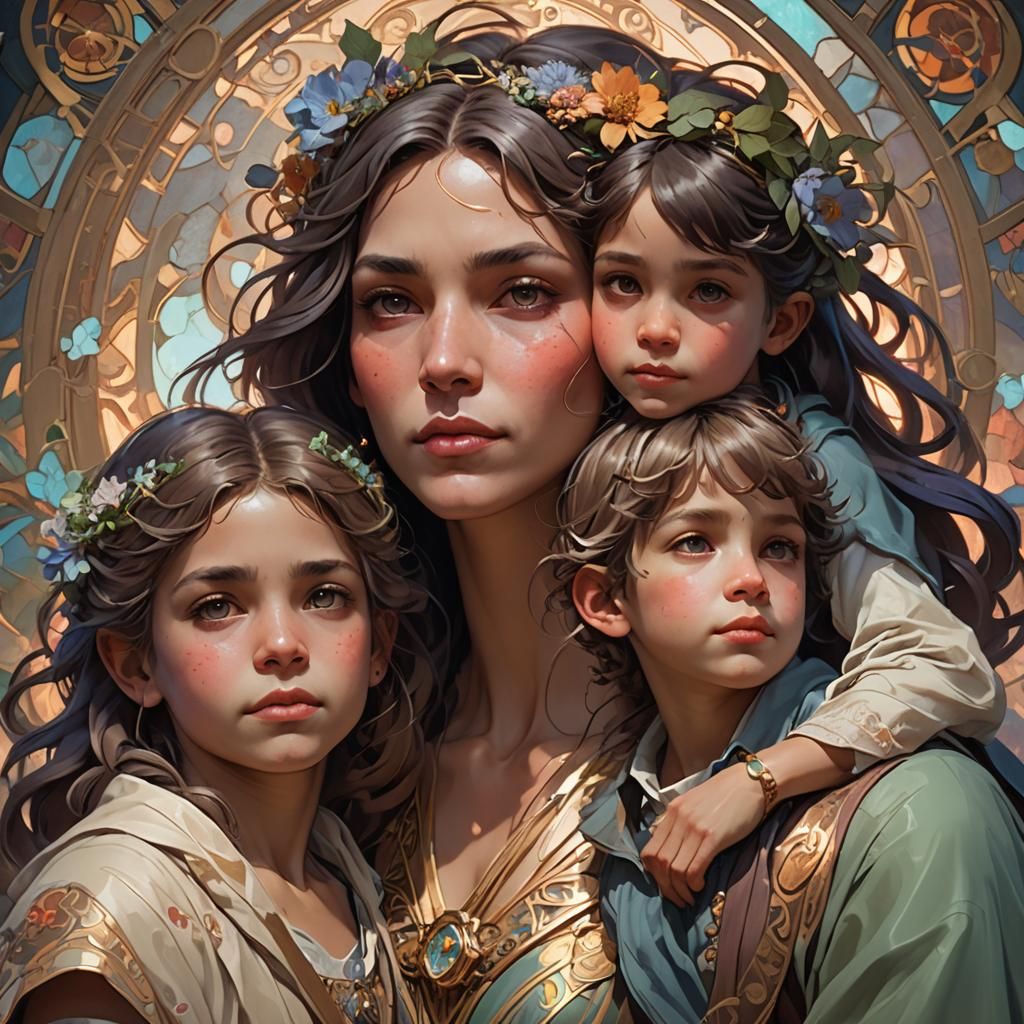 Loving Mother and Children Portrait in Detailed Style