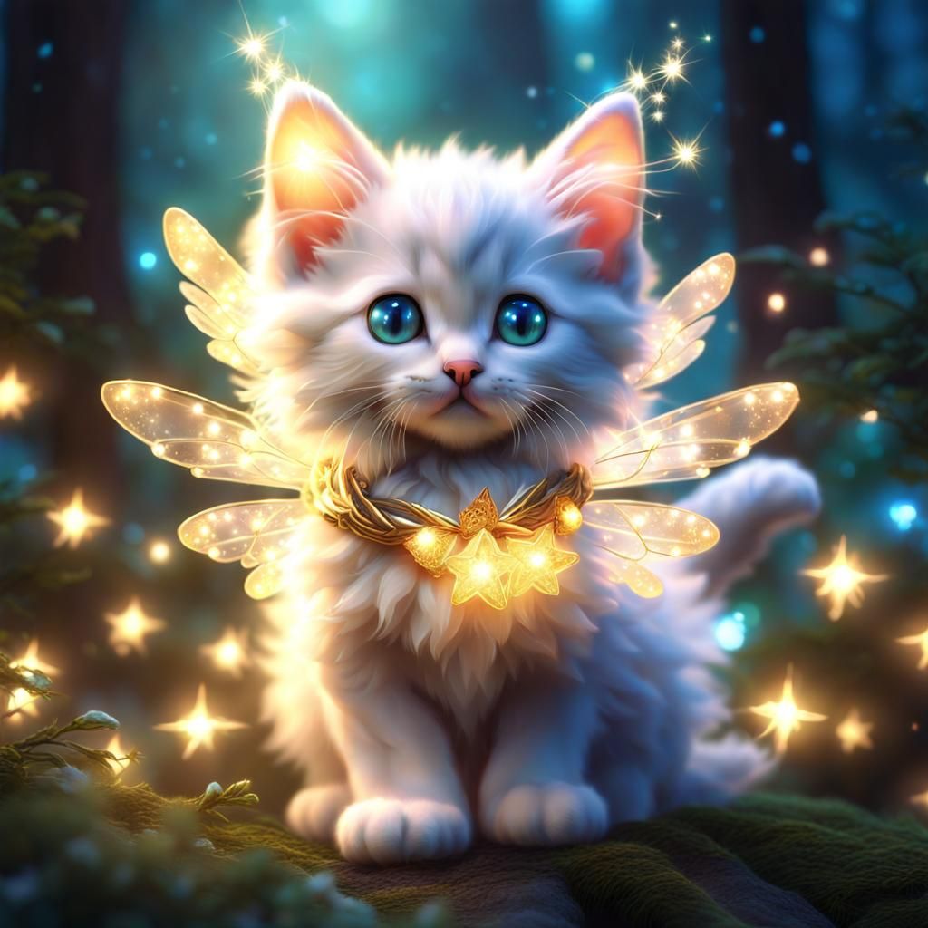 Fairytale Kitten with Fairy Wings in Dream Forest