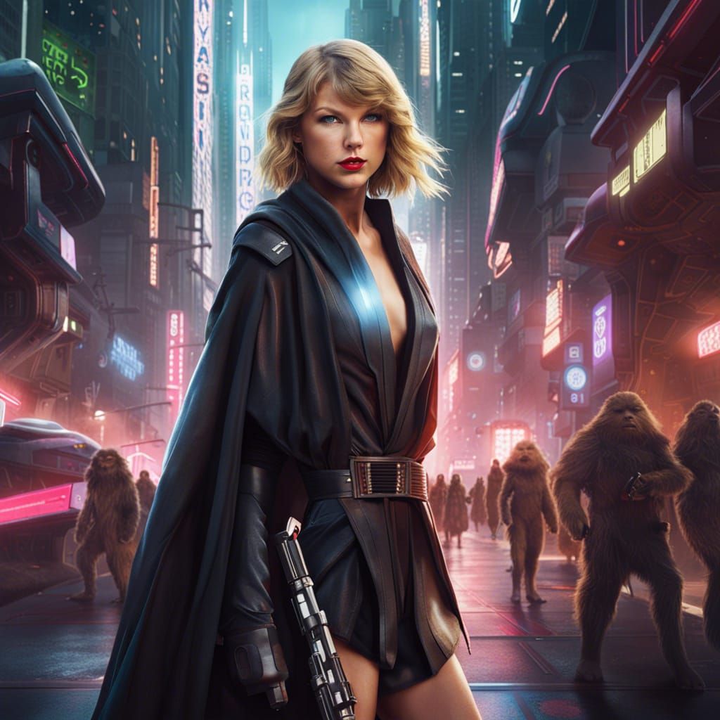 Taylor Swift as Jedi Knight in Cyberpunk City