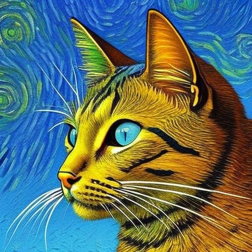 Cat in Starry Night Style: Hyperrealistic Art