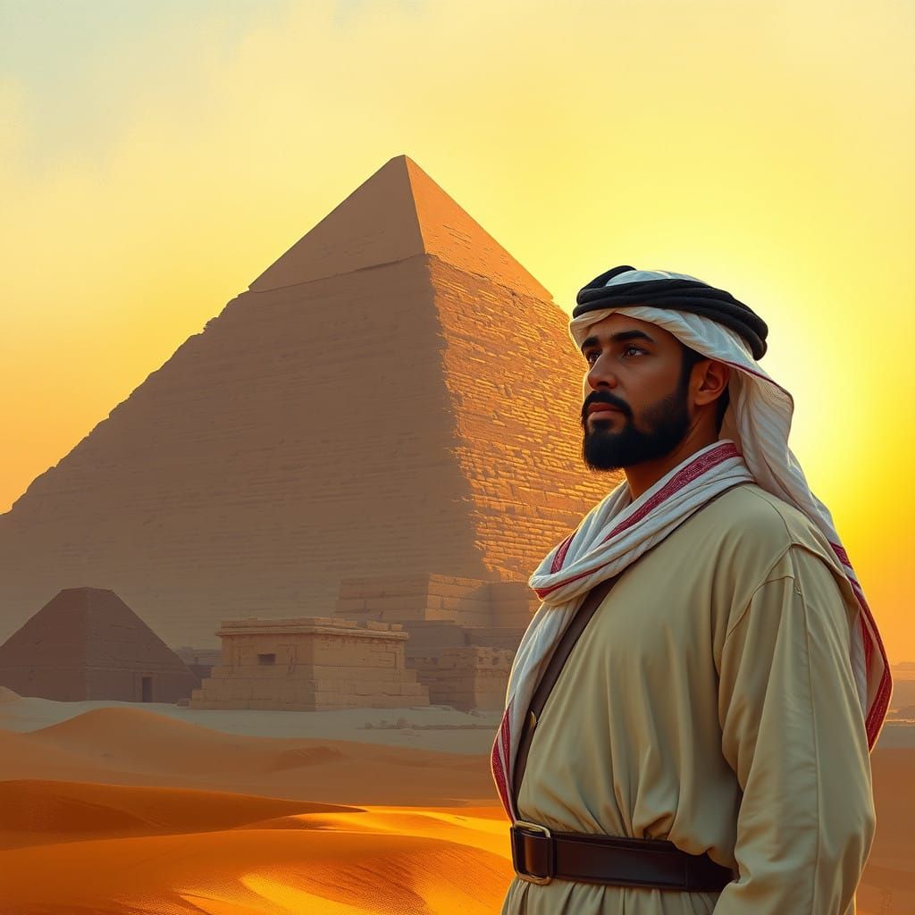 Dignified Man at the Great Pyramid of Giza in Golden Desert...