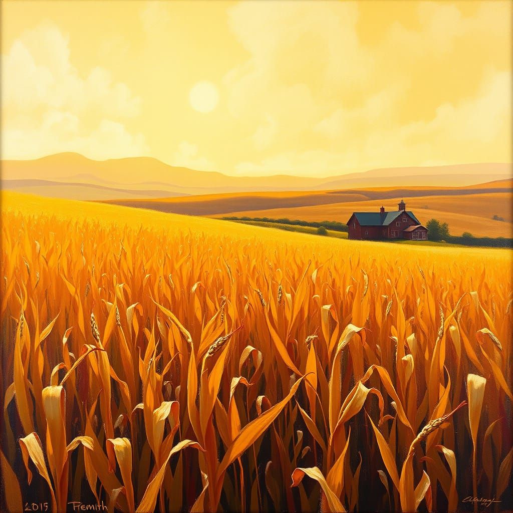 Golden Cornfield Farm Oil Painting with Expressive Brushstro...