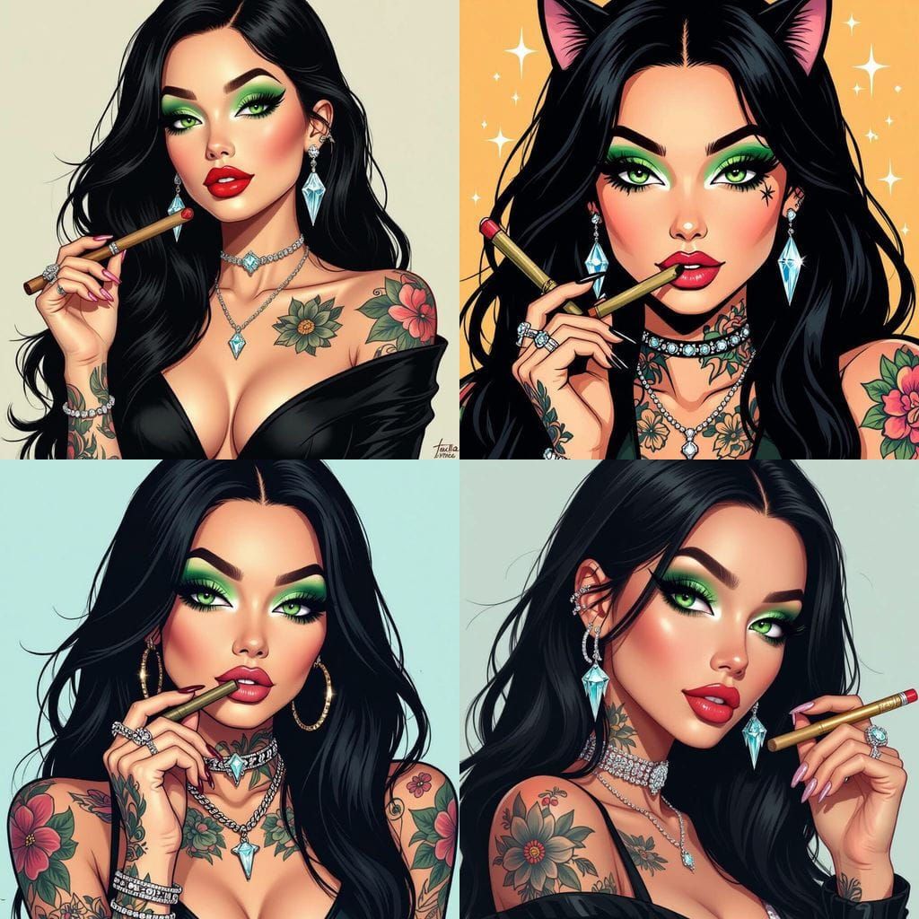Glamorous Woman with Tattoos, Ice Jewelry, and Cat Eyeliner