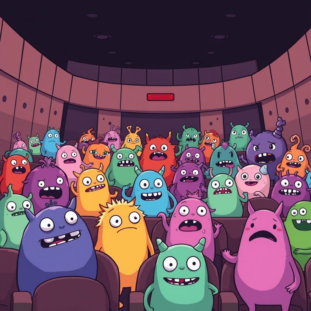 Cartoon Monsters in an Auditorium