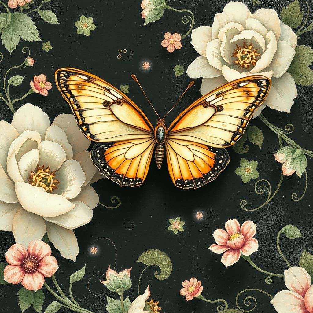 Butterfly in Swirling Floral Patterns, Whimsical Art