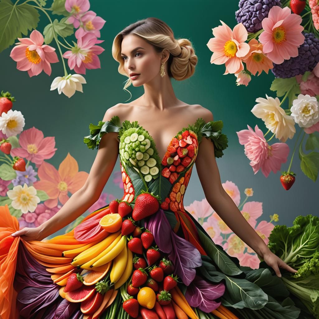 A stunning woman adorned in a dress crafted entirely from an...